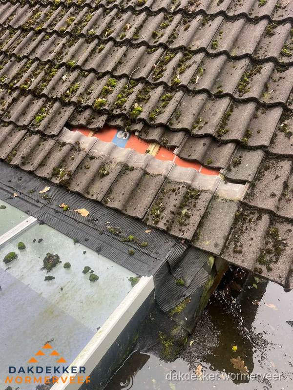 Beschadigd pannendak met ontbrekende dakpannen voor reparatie in Wormerveer