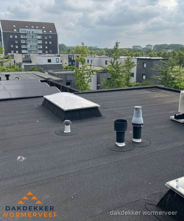 Groot plat dak met lichtkoepel en dakdoorvoeren in Wormerveer